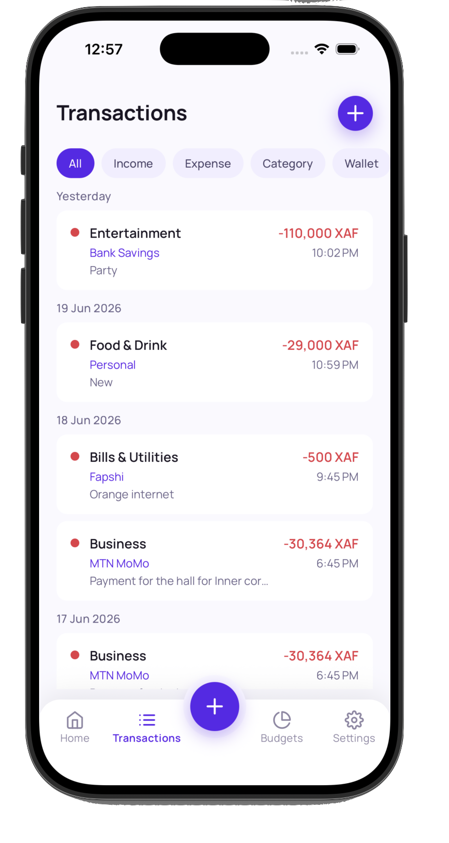 Bojety transactions screen listing recent income and expenses